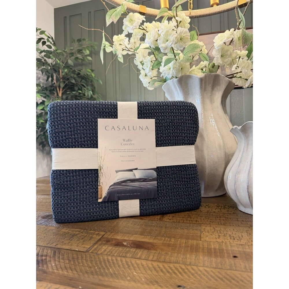 Queen Textured Waffle Coverlet Dark Mineral Blue - Casaluna NEW